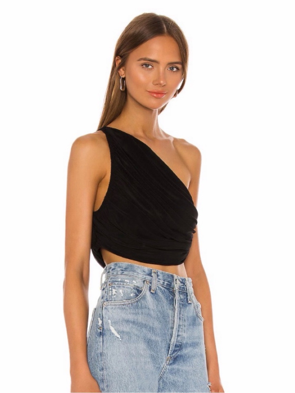 Norma Kamali Black One-Shoulder Draped Crop Top